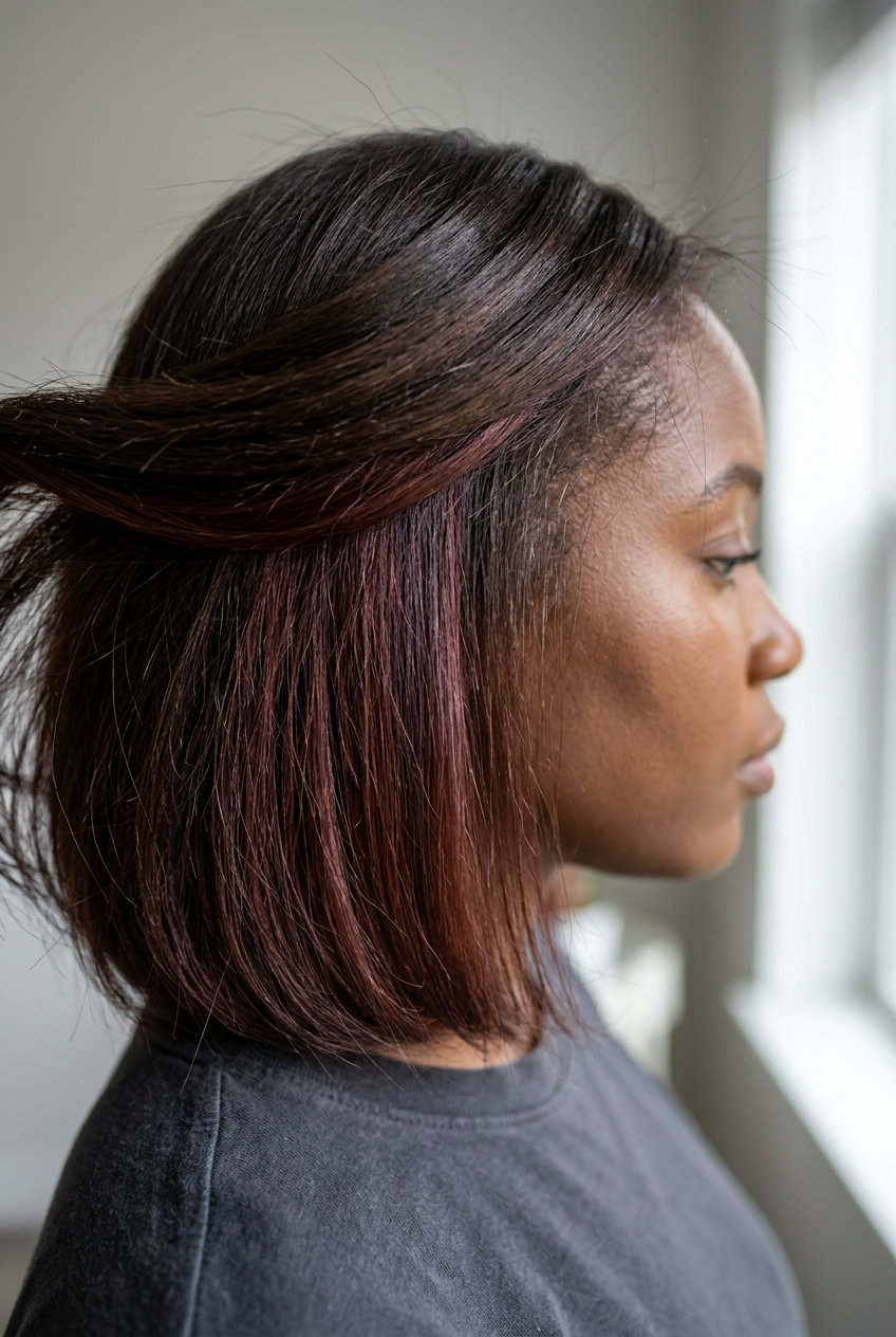 Mahogany Peekaboo Brunette 2026 long layered cut with hidden mahogany peekaboo color for playful brunettes