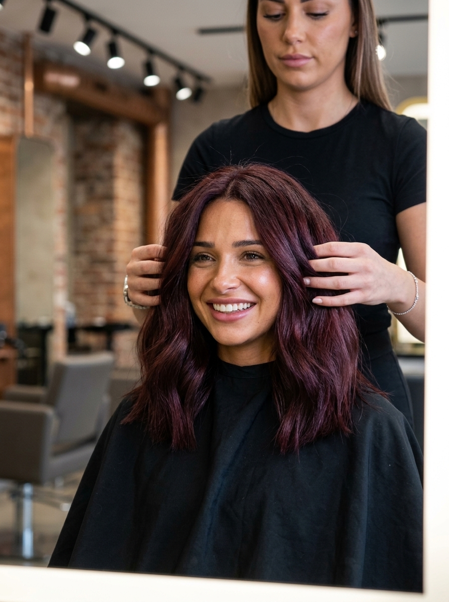 The Mahogany Midi Luxe Haircut 2026 medium solid mahogany haircut with violet undertones, no bangs — elegant, rich