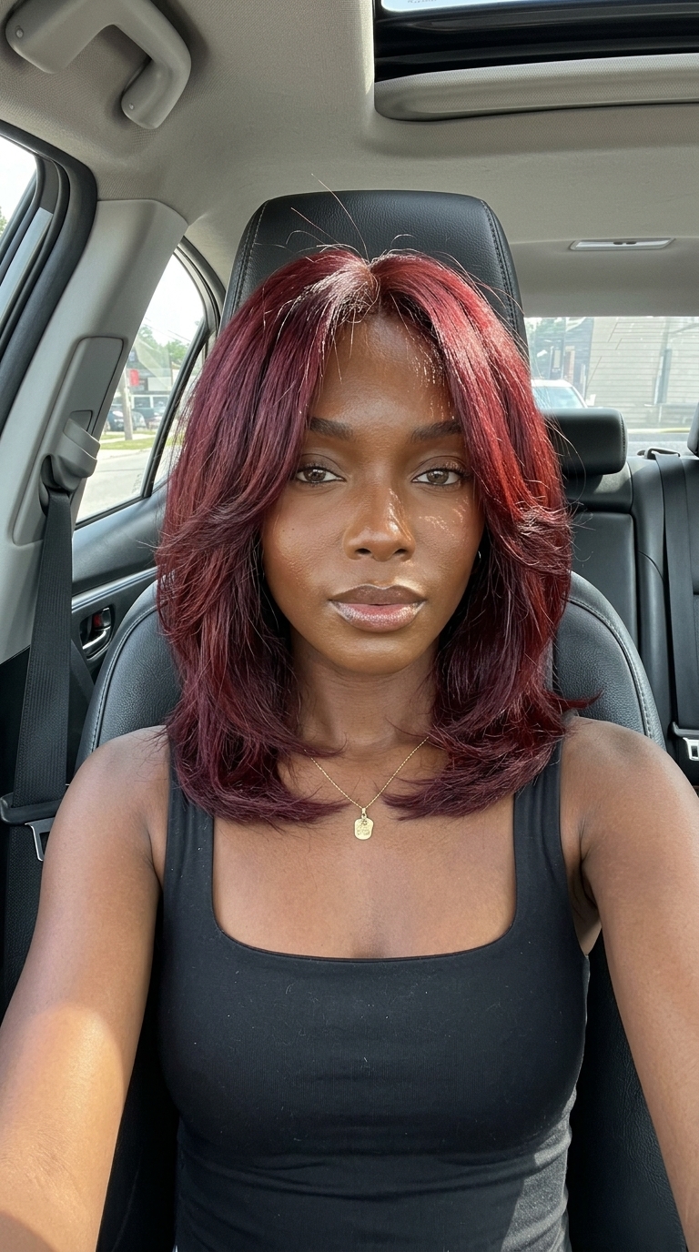 Mahogany Red Shag 2026 shoulder-length mahogany red shag with auburn undertones, blunt perimeter and textured layers