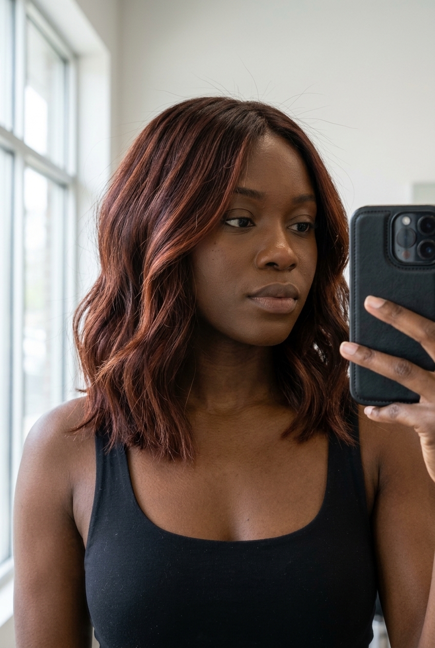 shoulder-length mahogany balayage lob with auburn highlights and face-framing pieces