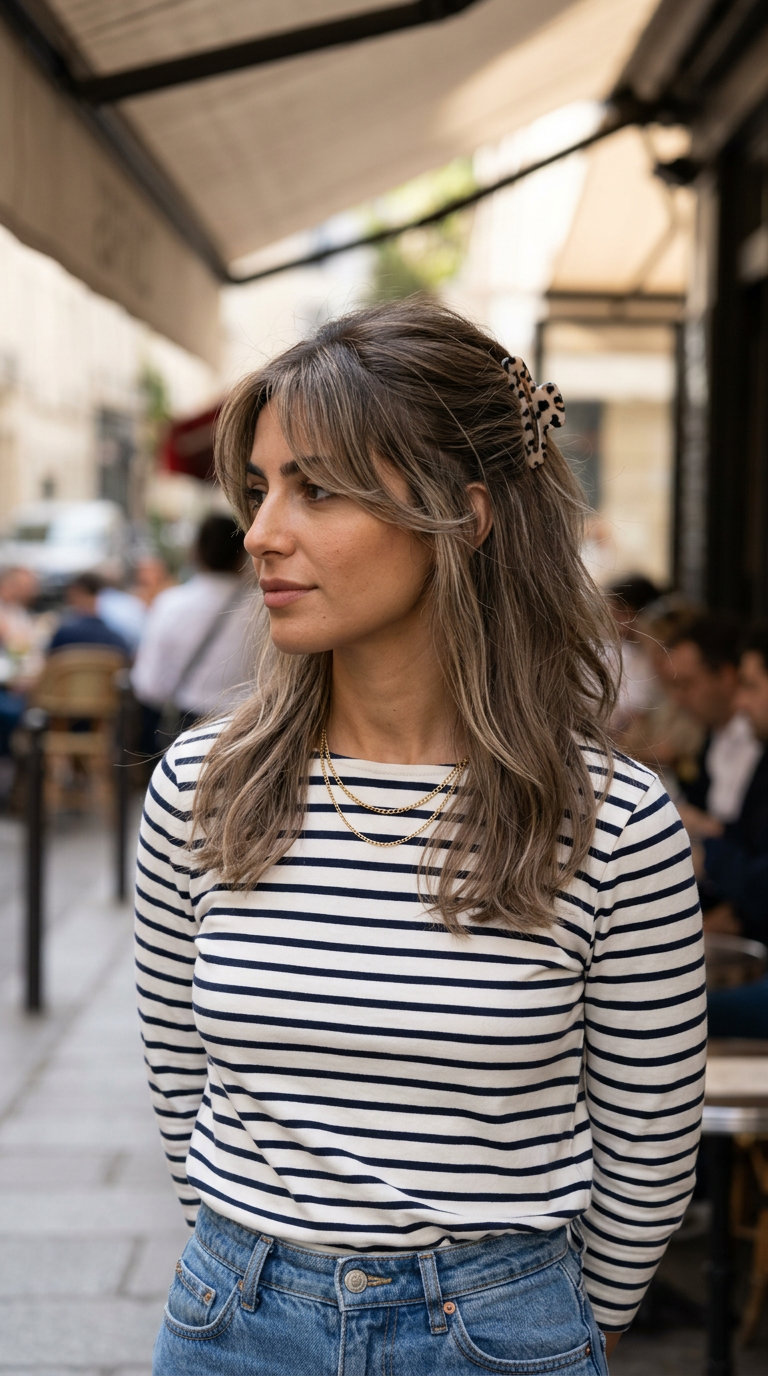medium-long layered half-up with medium brown & ash blonde teasylights, curtain bangs — french chic style