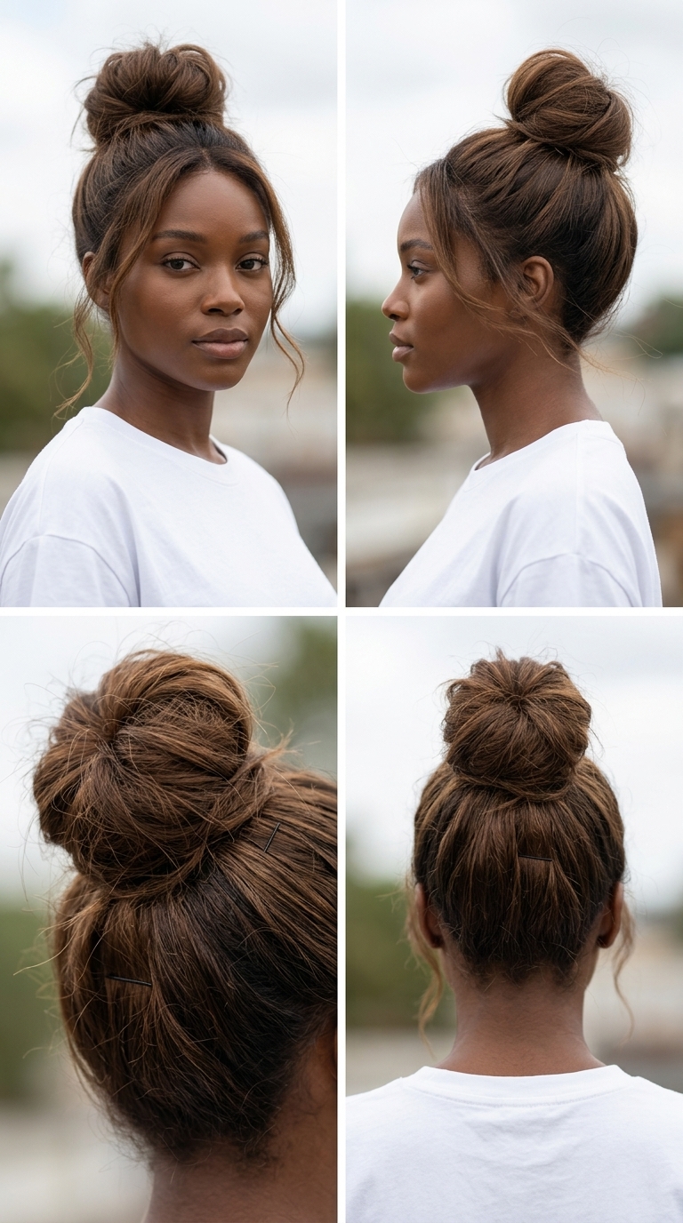 messy summer updo hairstyles 2026 with medium brown, top knot textured, effortless