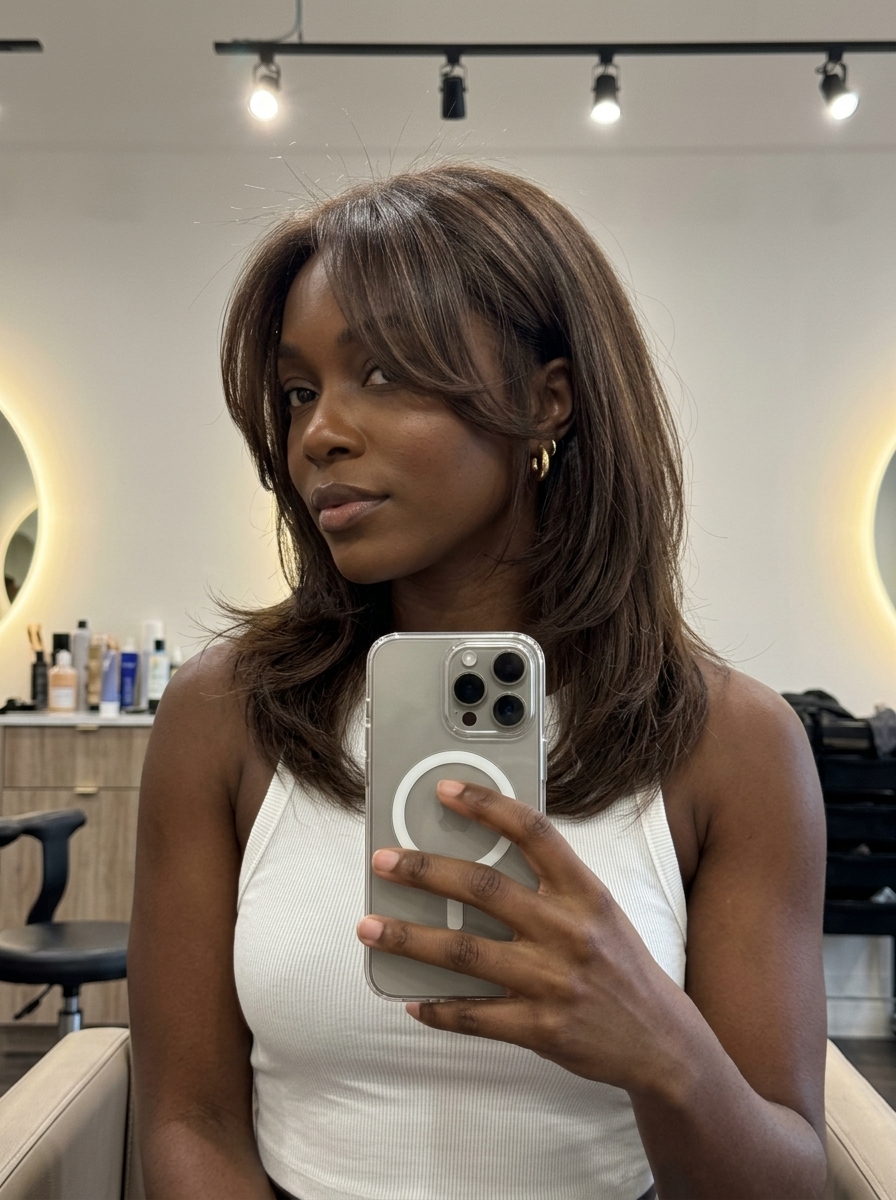 Everyday Brunette Shag 2026 collarbone-length textured shag haircut in medium brunette with warm undertones and curtain bangs