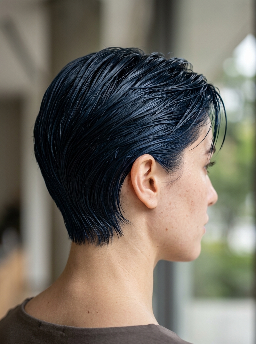 very short pixie haircut in midnight blue-black with high gloss, blunt cut, for summer