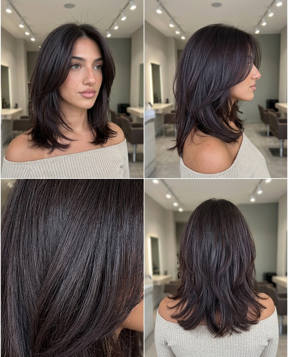 medium-length midnight espresso soft shag with subtle violet undertones for effortless chic