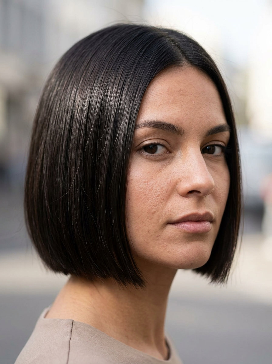 very short bixie haircut in midnight espresso with deep side part and blunt perimeter for date nights