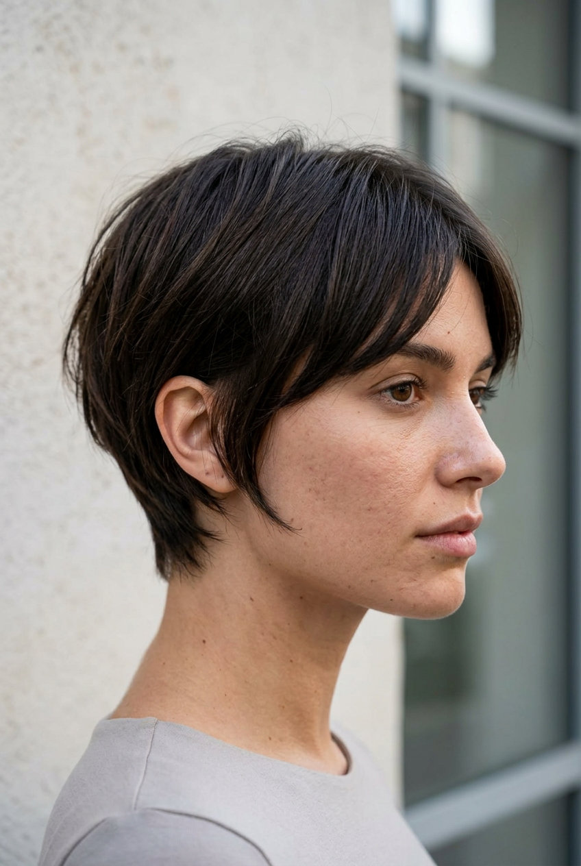 very short bixie haircut in midnight espresso, choppy layers, undercut nape — bold modern minimalist style