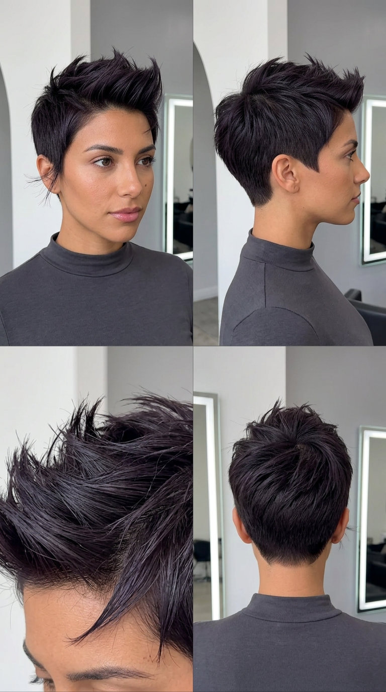 very short bixie haircut in deep midnight espresso with cool violet undertones, spiky texture, micro-fringe — bold festival look