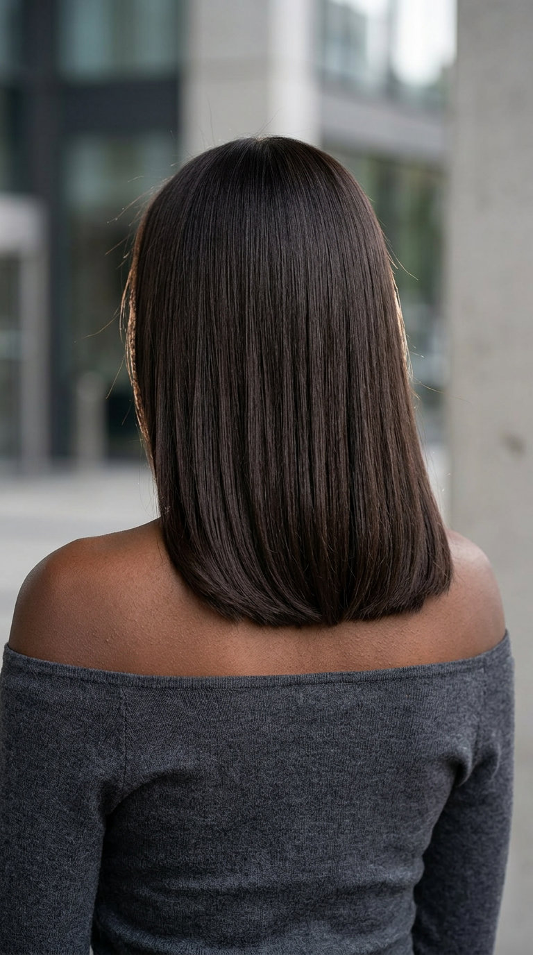 short deep cool espresso brown, blunt cut for minimalist elegance