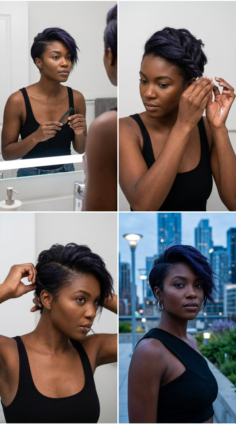 short asymmetrical pixie haircut in midnight violet with blue-black base, razored texture, and side-swept fringe for edgy look