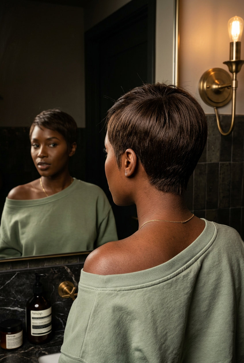 short clipper fade with mocha brunette uniform color, sculpted layers — edgy sophisticated style