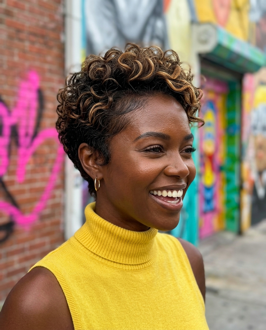 short deep mocha pixie haircut with warm caramel balayage, textured layers for summer