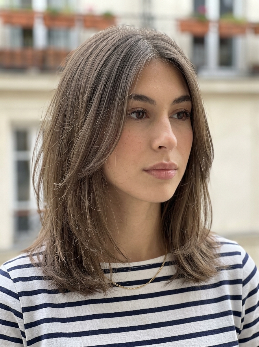 below-collarbone cool mousy brunette haircut with ash undertones, soft layers for summer