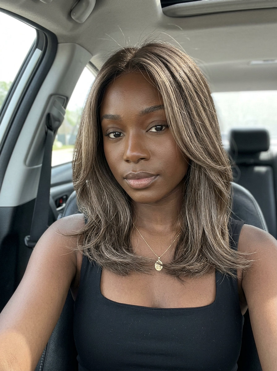 Mushroom Beige Babylights Brunette 2026 long layered cut with mushroom beige babylights and cool ash undertones