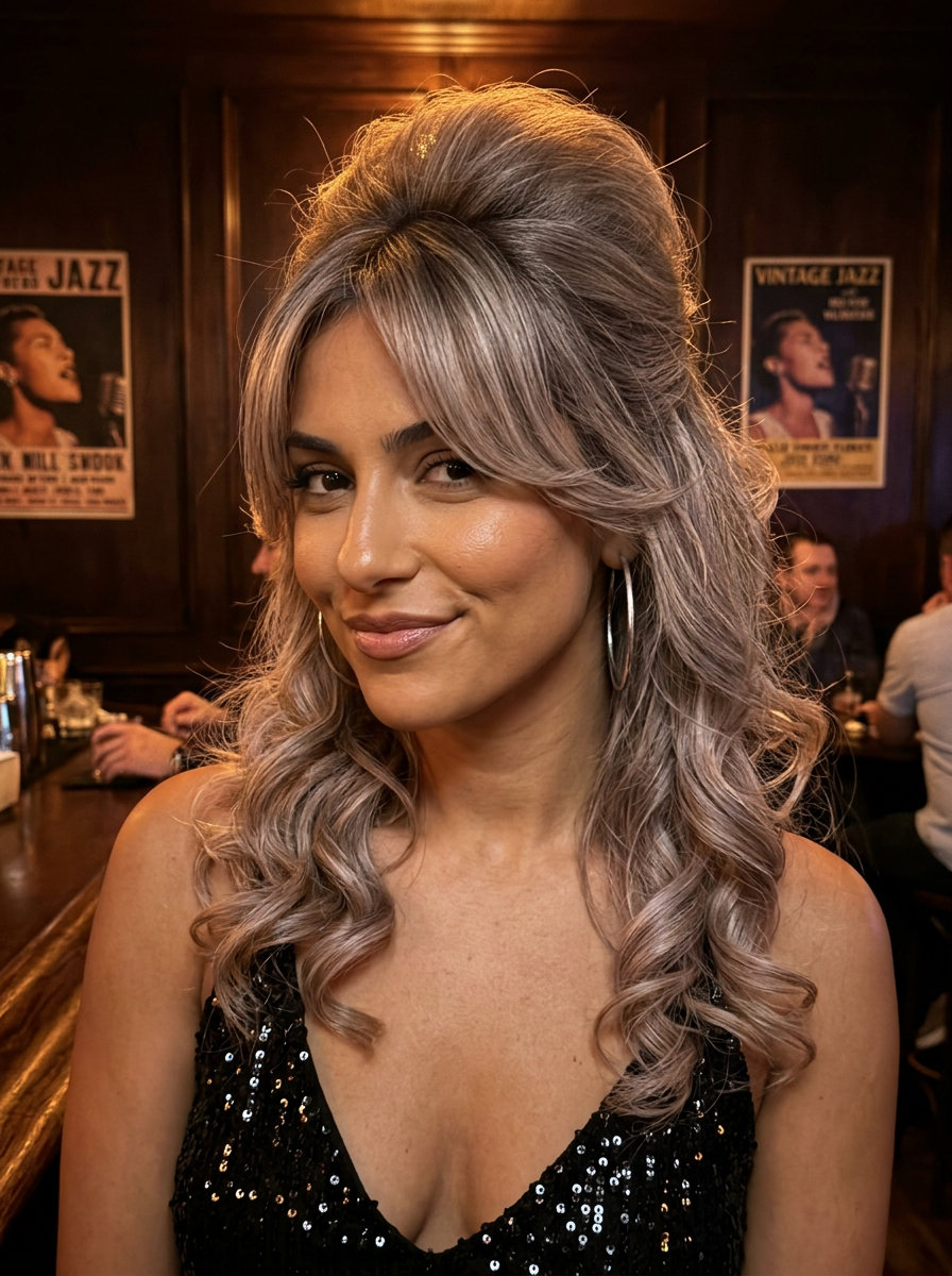 long layered half-up with ashy mushroom blonde, cool babylights, sweeping curtain bangs — bold retro style