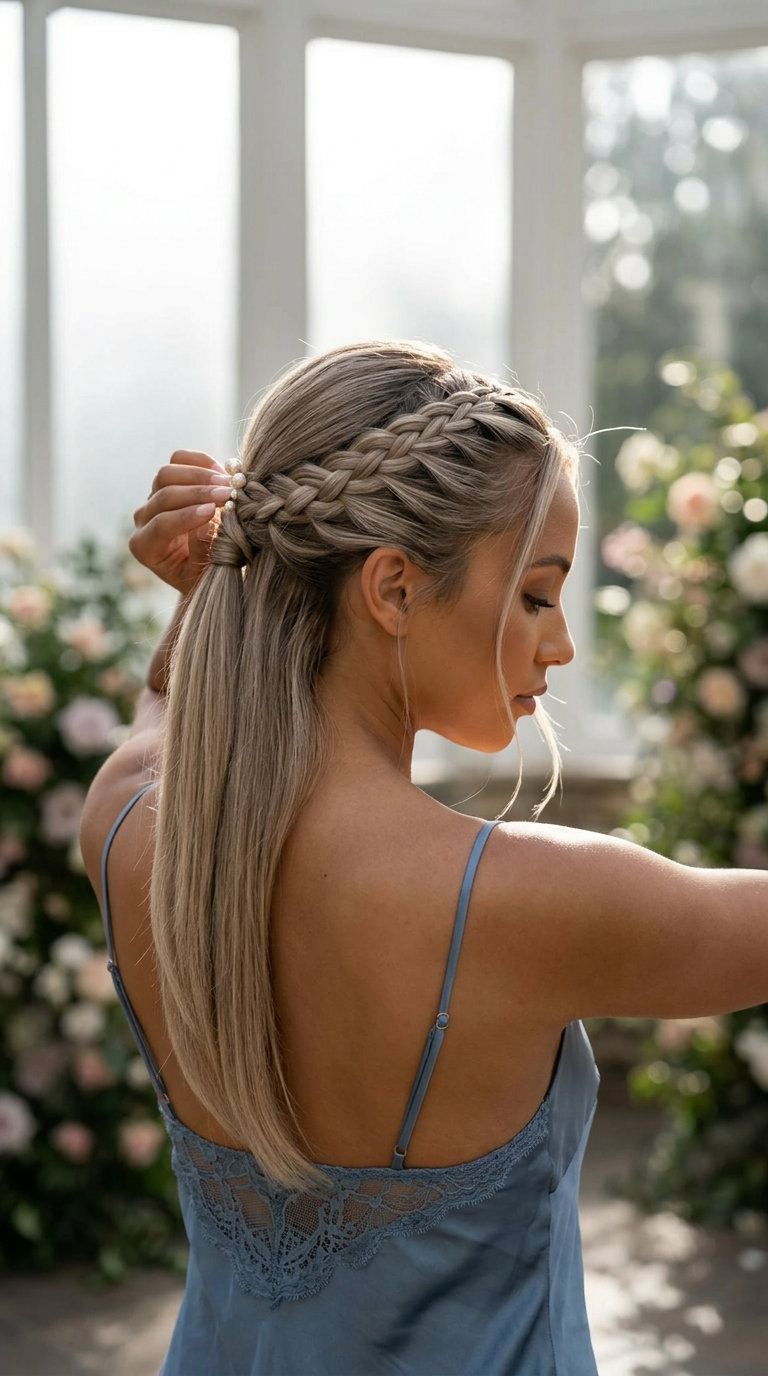 medium-long layered half up half down with mushroom blonde color, braided for wedding guest