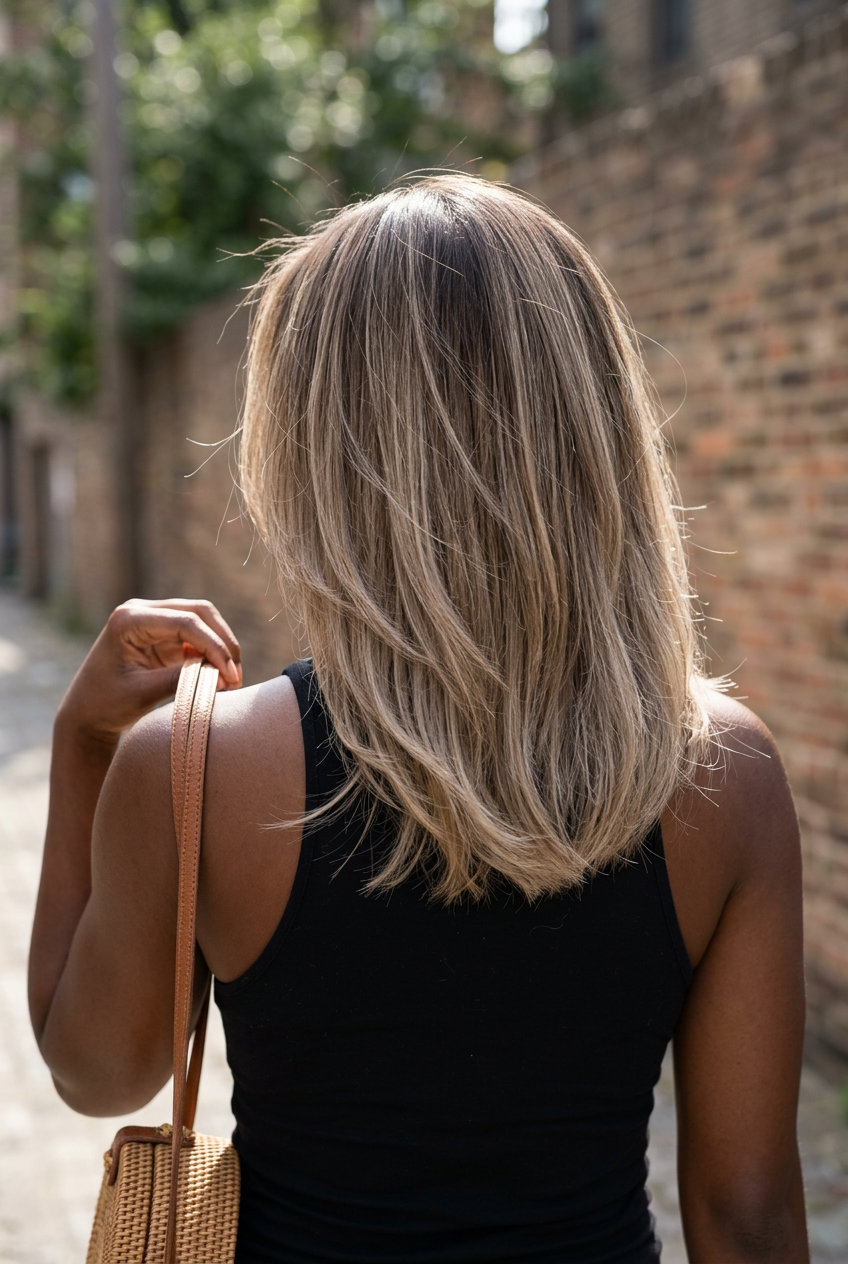 medium mushroom blonde root smudge with ash blonde ends, babylights, edgy earthy