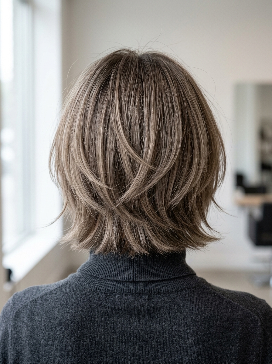 Minimalist Luxe Shag Haircut 2026 chin-length shag haircut with mushroom bronde, balayage, side-swept fringe — minimalist sophisticated
