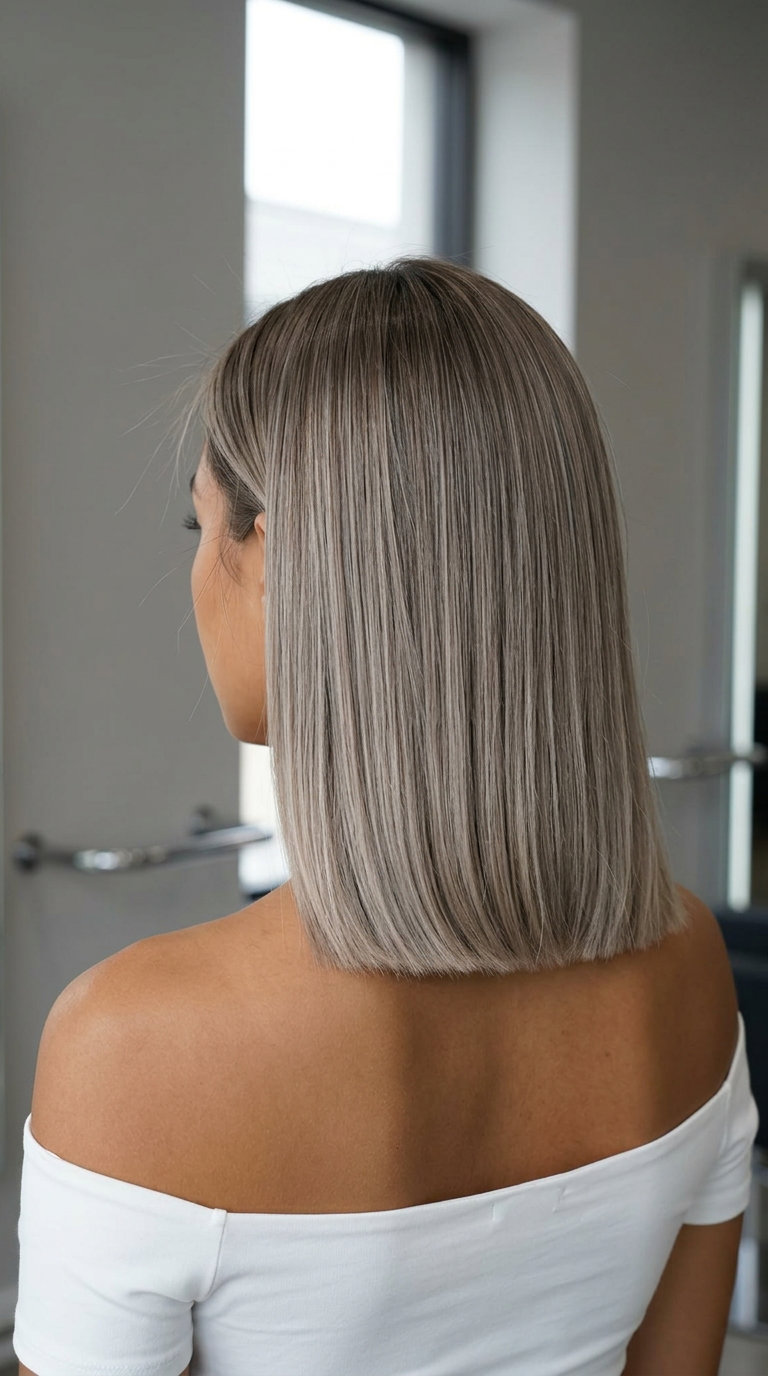 collarbone-length mushroom bronde lob with ash brown and silver-beige tones for professional polish