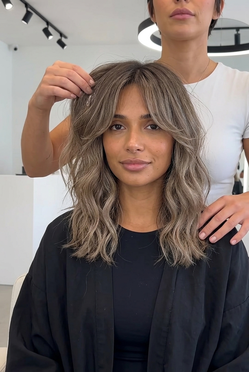 Mushroom Bronde Shag 2026 collarbone-length textured shag haircut in mushroom bronde with ash tones and curtain bangs