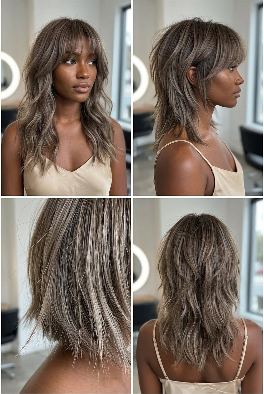 medium-long shag haircut in mushroom bronde with cool ash undertones, wispy fringe and razor-cut layers for summer