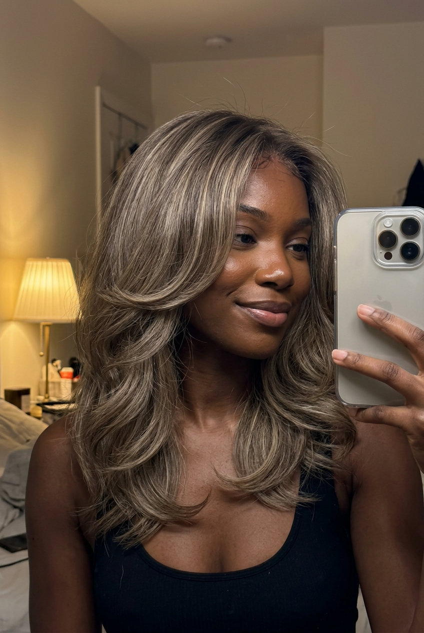 above-shoulder layered lob haircut in mushroom bronde with cool beige highlights, 'C' shaped layers and soft ends for summer