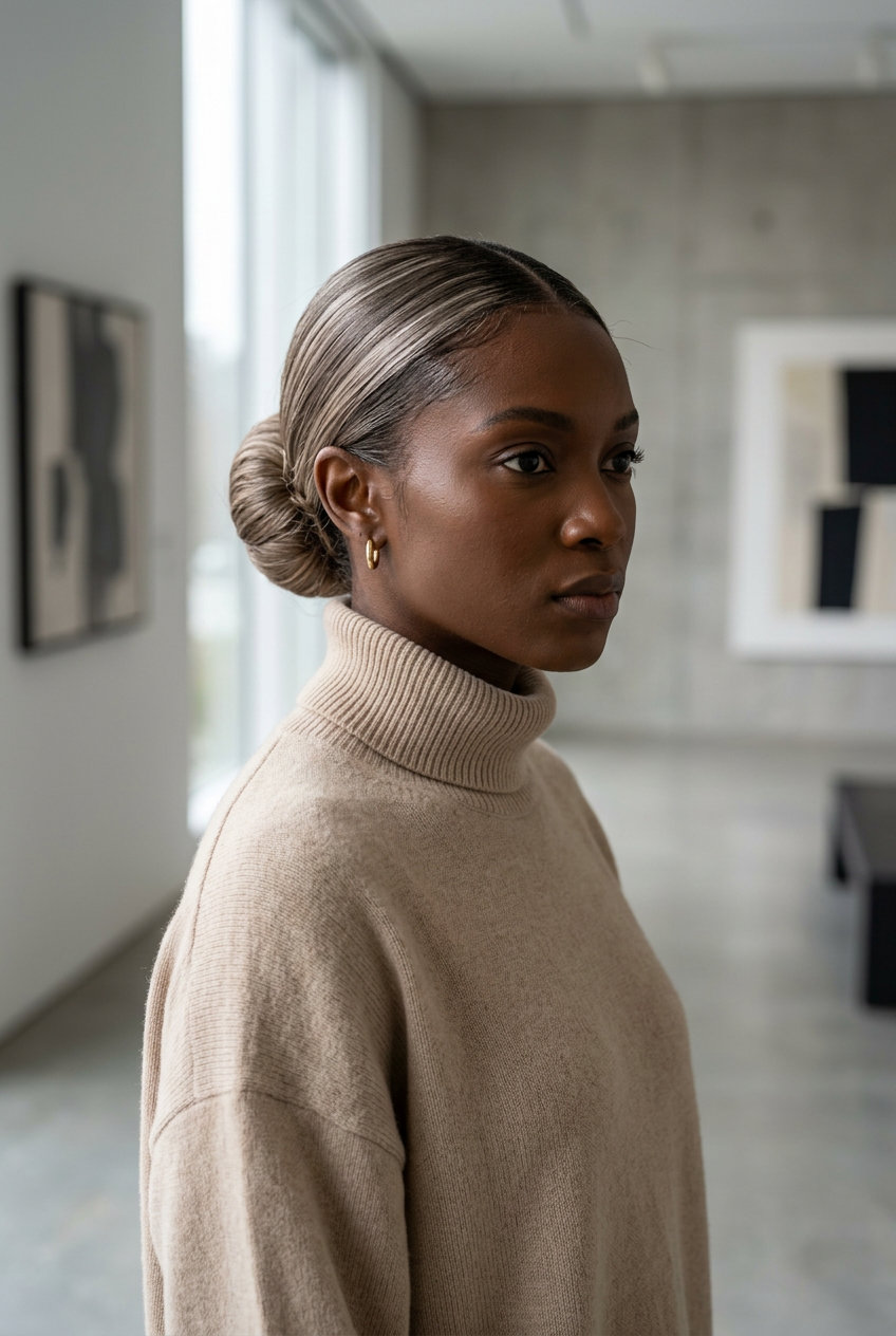long mushroom bronde bun with cool ash brown, micro-foiling, no fringe — elegant professional