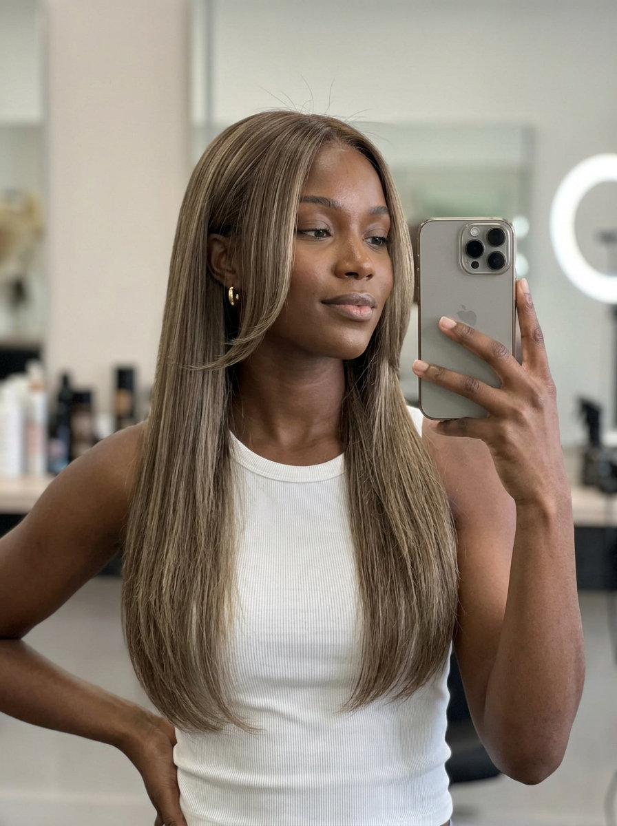long layered mushroom bronde with face-framing layers and cool ash undertones for summer