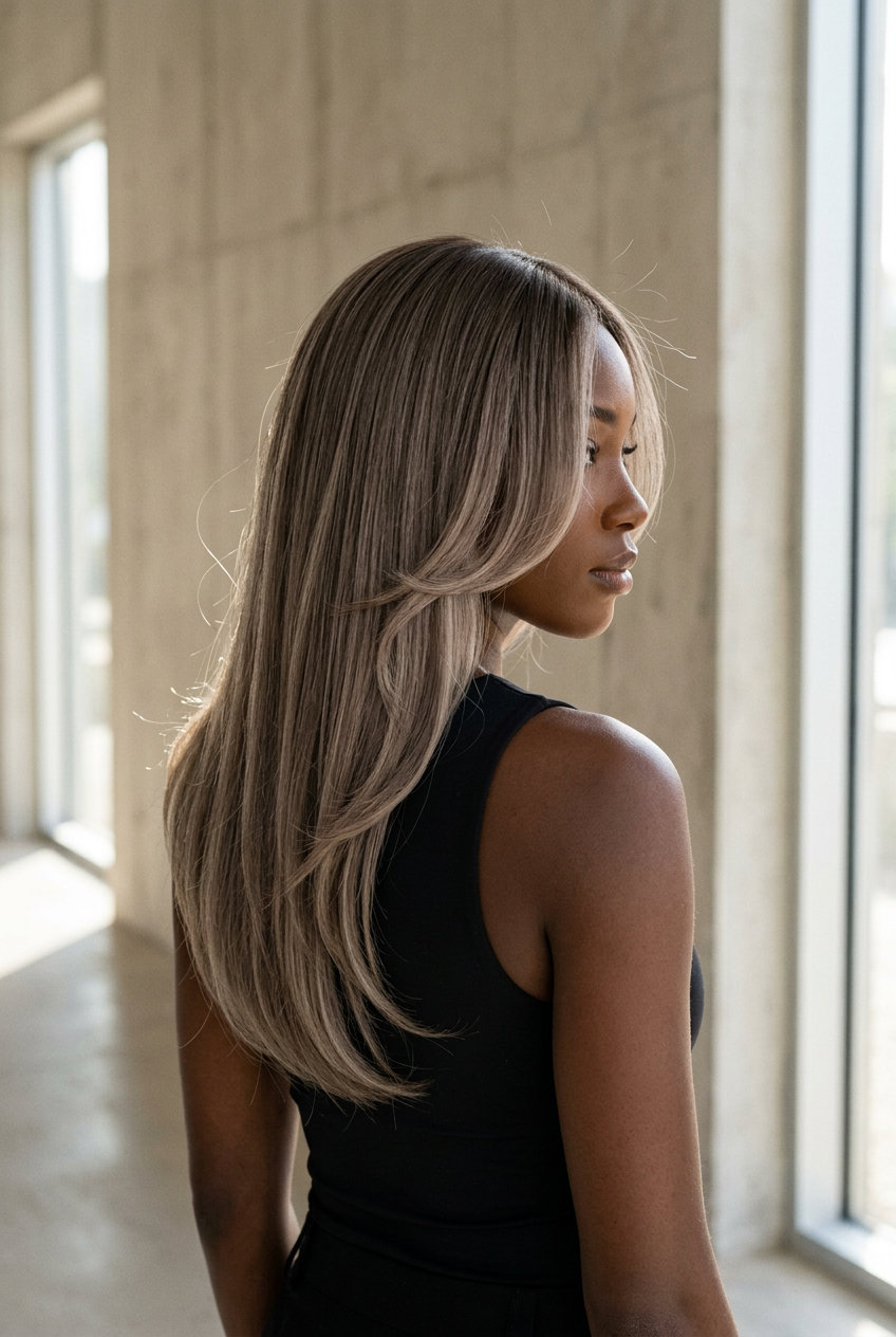 long layered face-framing haircut in mushroom bronde with taupe blonde face frame