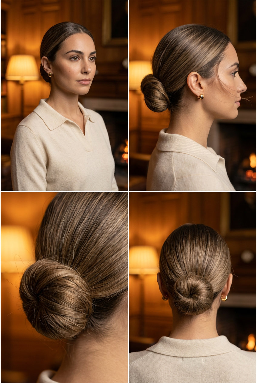 medium blunt cut with mushroom bronde, sleek low bun for professional meetings