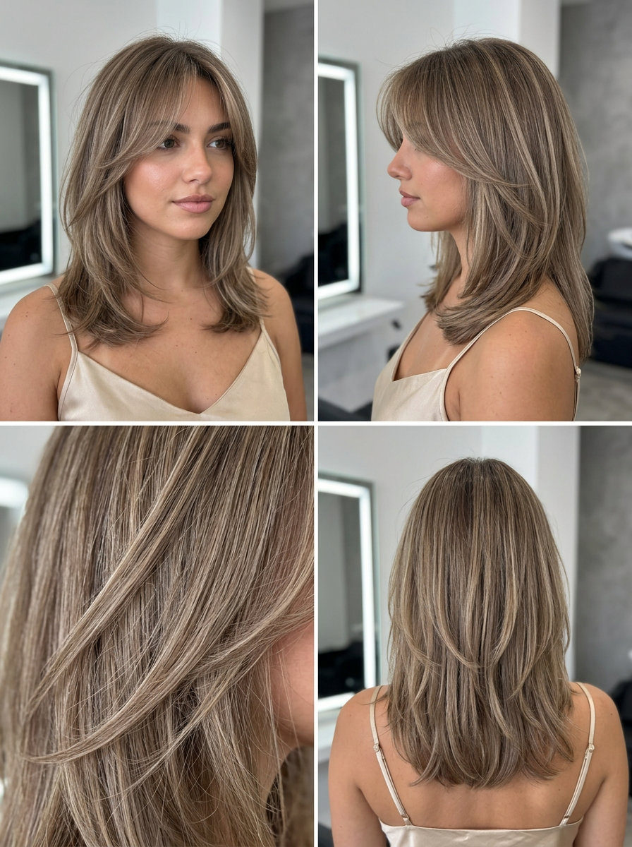 Airy Mushroom Bronde Curtain Bangs 2026 medium length haircut with wispy curtain bangs in mushroom bronde, face-framing for round faces