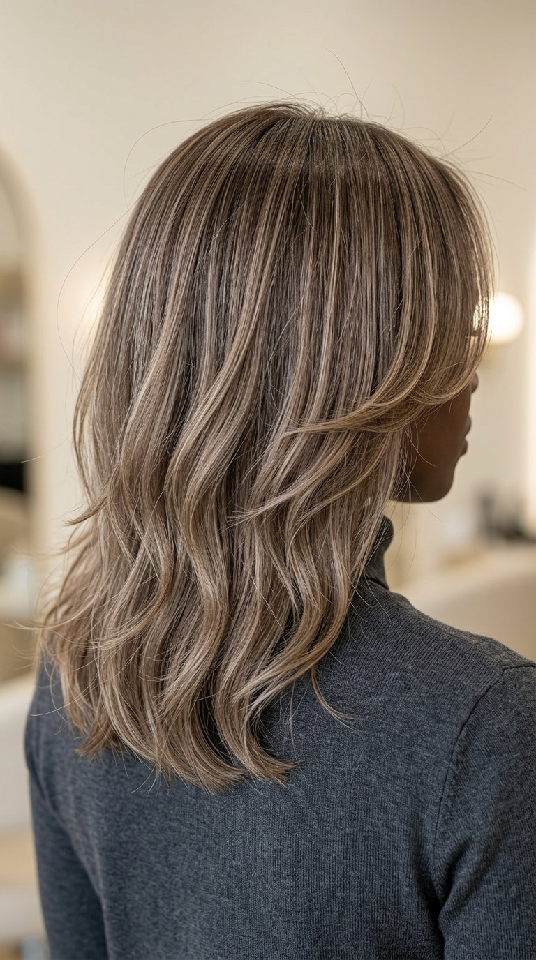 mid-length mushroom bronde layered cut with beige highlights and soft waves