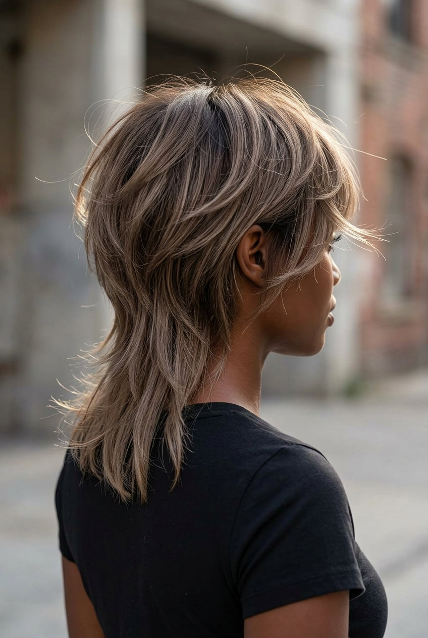 Edgy Mushroom Bronde Mullet 2026 short layered mullet in mushroom bronde with beige lowlights, wispy face-framing for round faces