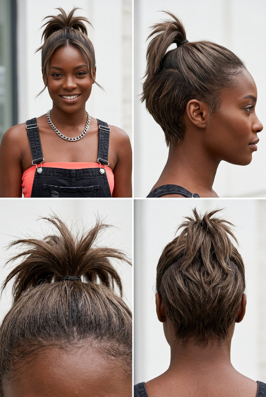 Piecey Texture Pixie Palm Pony 2026 short mushroom bronde pixie haircut with piecey texture and micro-ponytail for edgy concerts