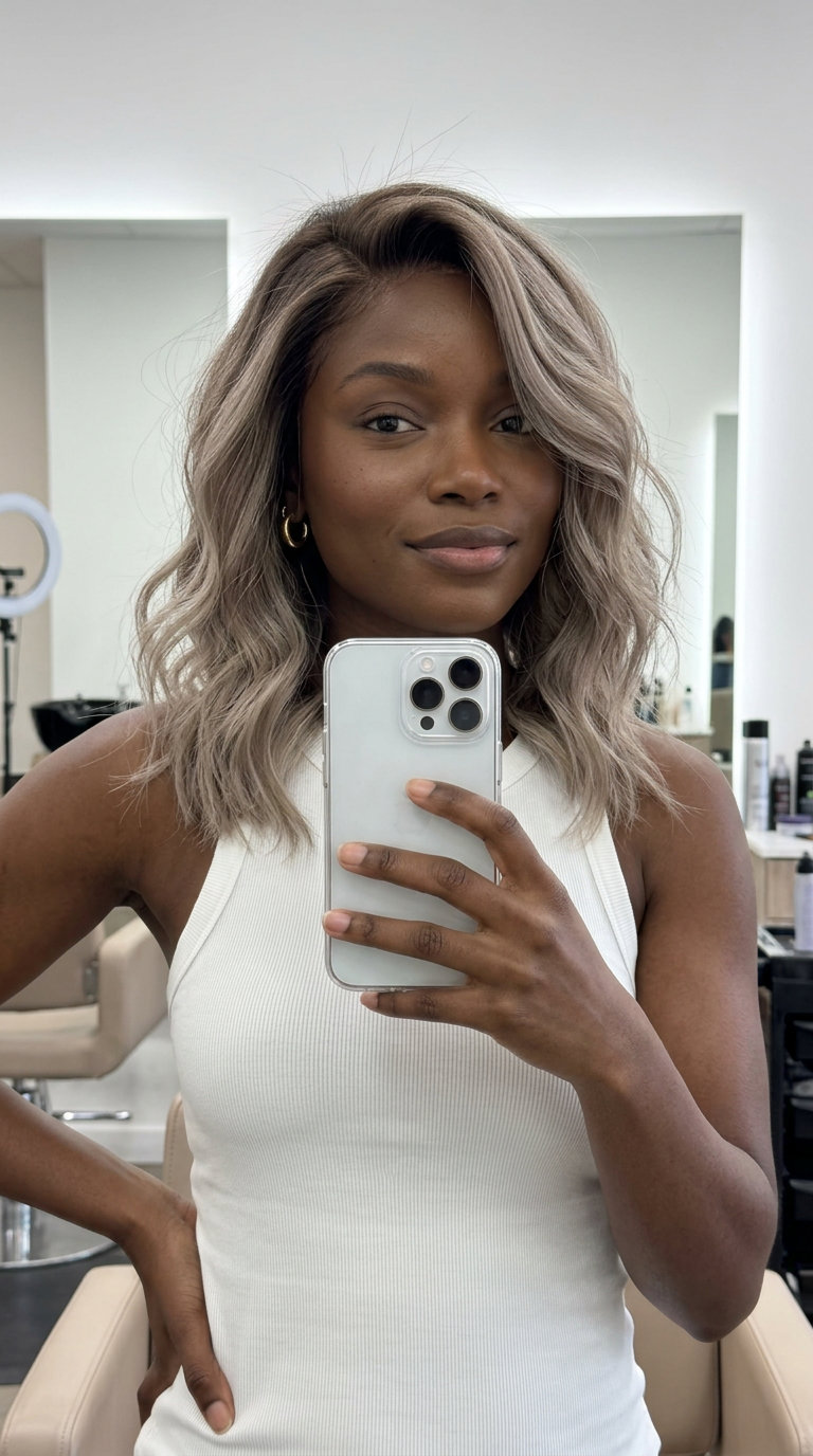 Mushroom Brown Root Smudge with Ash Blonde 2026 long mushroom brown root smudge with ash blonde ends, soft smoky beige, no fringe — effortless daily wear