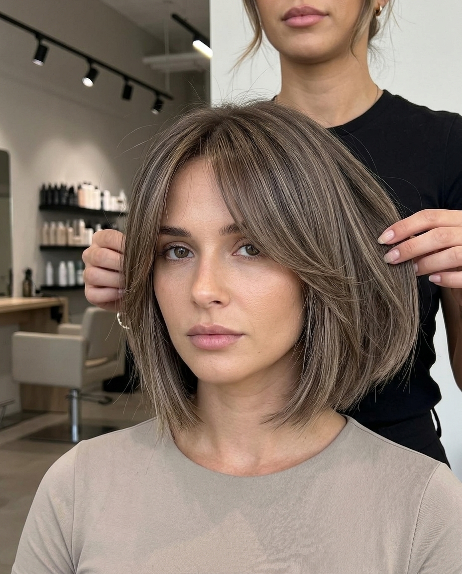 Sophisticated Bob 2026: Mushroom Brown short choppy bob haircut with mushroom brown, subtle ash highlights, sweeping fringe — sophisticated polish