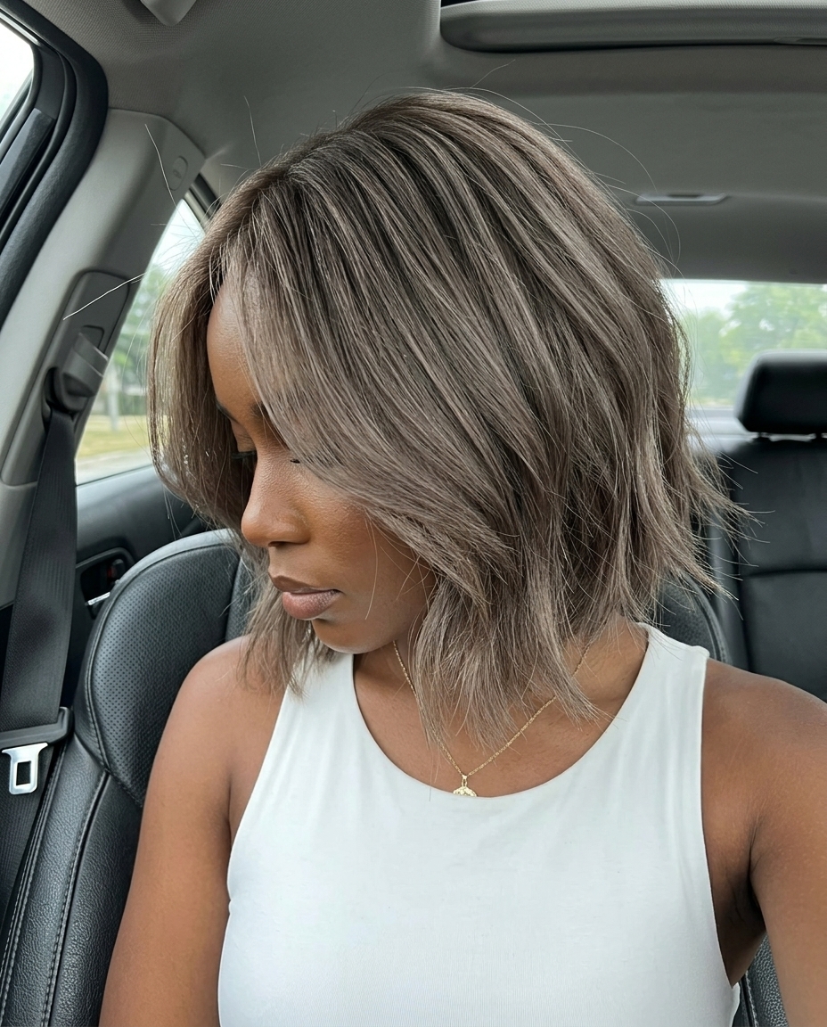 French Forest Bob 2026: Mushroom Brown short choppy bob haircut with mushroom brown, diffused layers, no fringe — earthy effortlessness