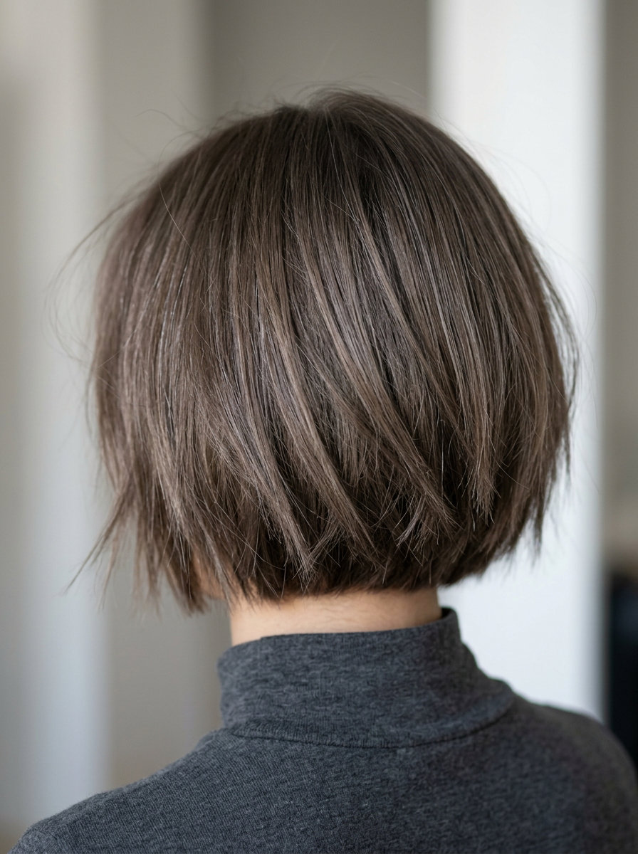 Textured Bob 2026: Mushroom Brown short choppy bob haircut with cool ash brown, shattered ends, no fringe — natural chic