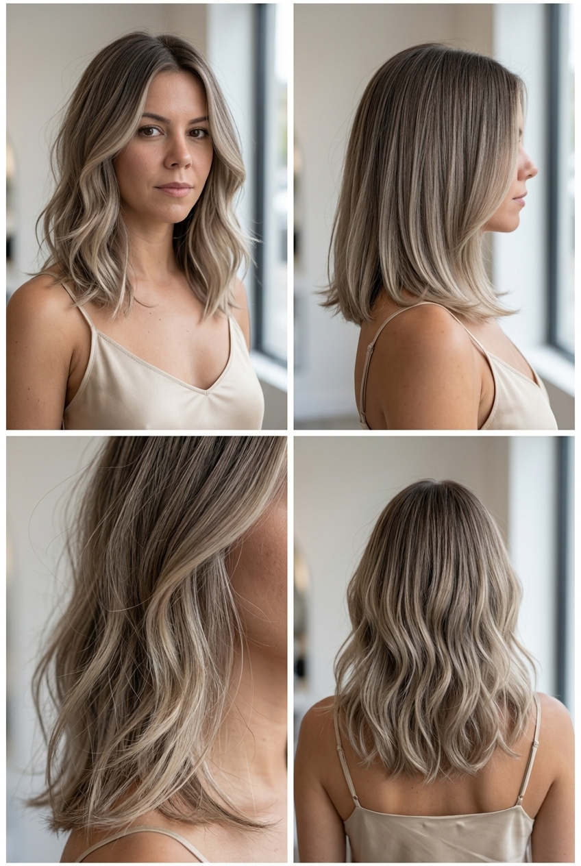 collarbone-length medium cut ombre with cool ash brown, beige, muted blonde, root smudge technique for summer