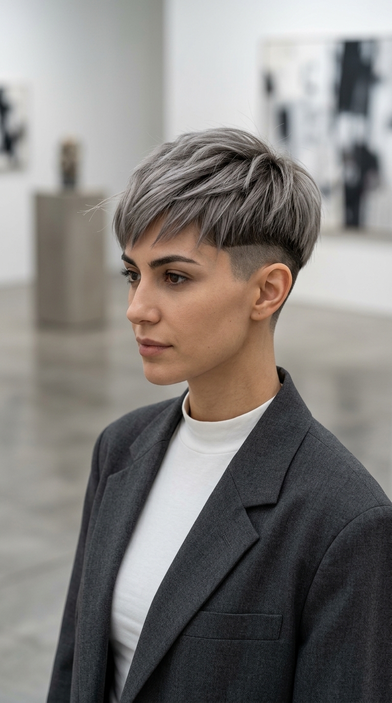 very short pixie haircut in cool mushroom grey with ash undertones, undercut, for summer