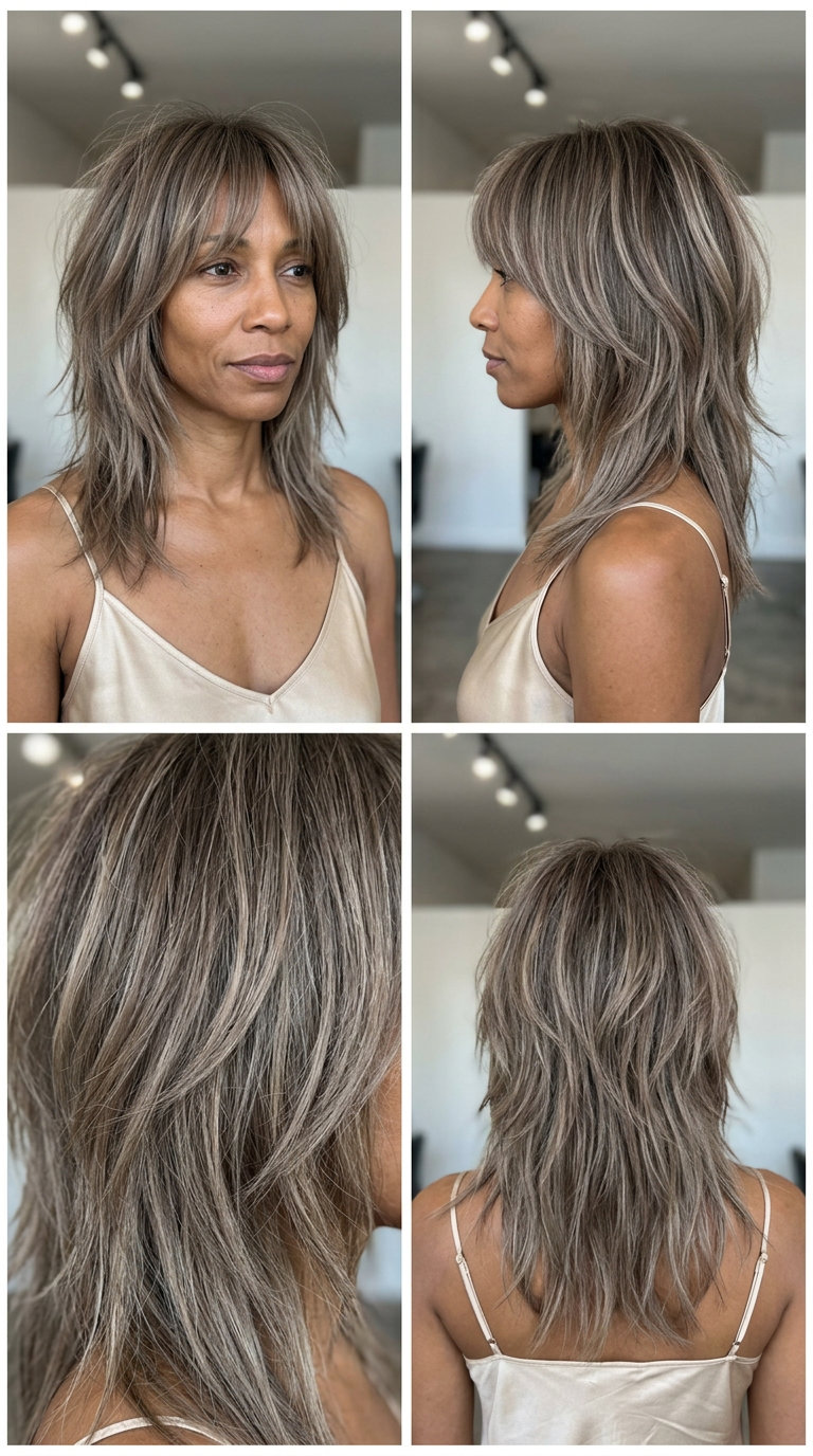 medium shag mushroom bronde with choppy layers and wispy curtain bangs for summer