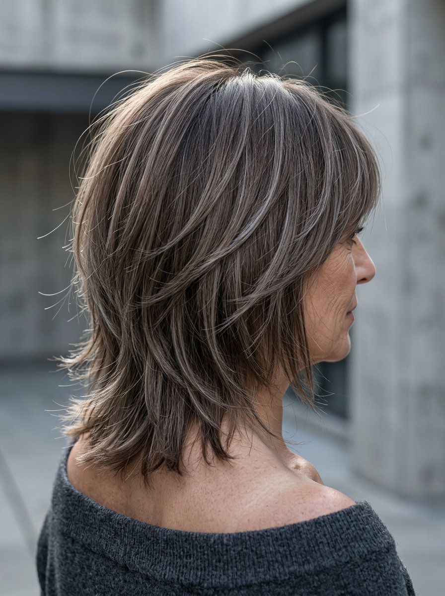 mid-length mushroom brown shag haircut with razored layers and curtain bangs, textured waves — edgy weekend look