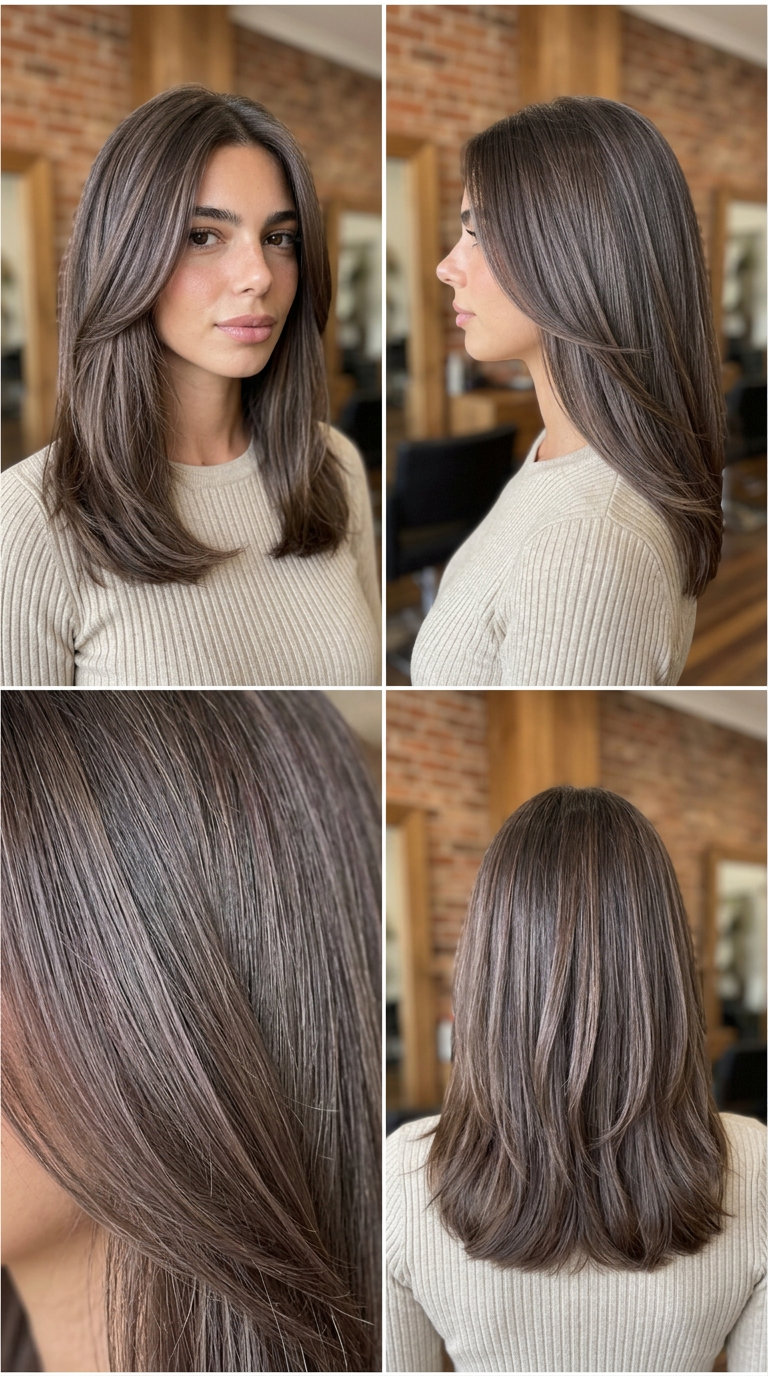 Mushroom Mocha Shadow Root Brunette 2026 shoulder-length brunette hair with mushroom mocha shadow root, cool-toned blend for summer
