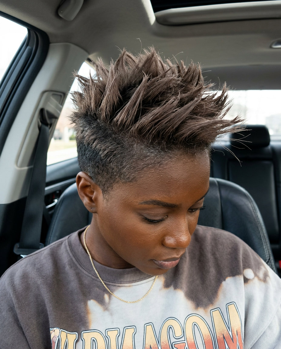 Edgy Mushroom Brown Pixie with Fade 2026 very short mushroom brown pixie haircut with charcoal fade, textured top, no fringe — edgy music festival