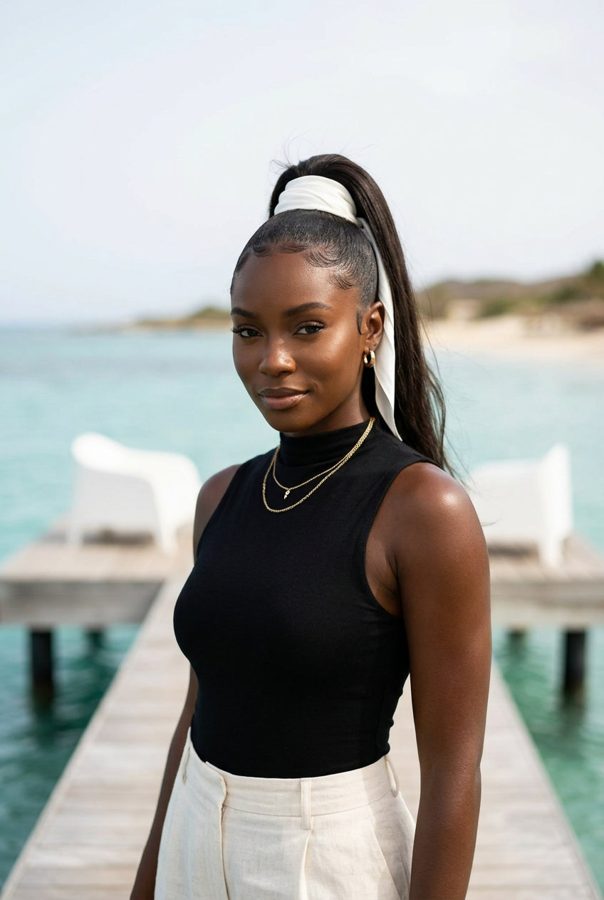 long sleek high ponytail with mushroom platinum, laid edges, silk scarf wrap — sophisticated professional