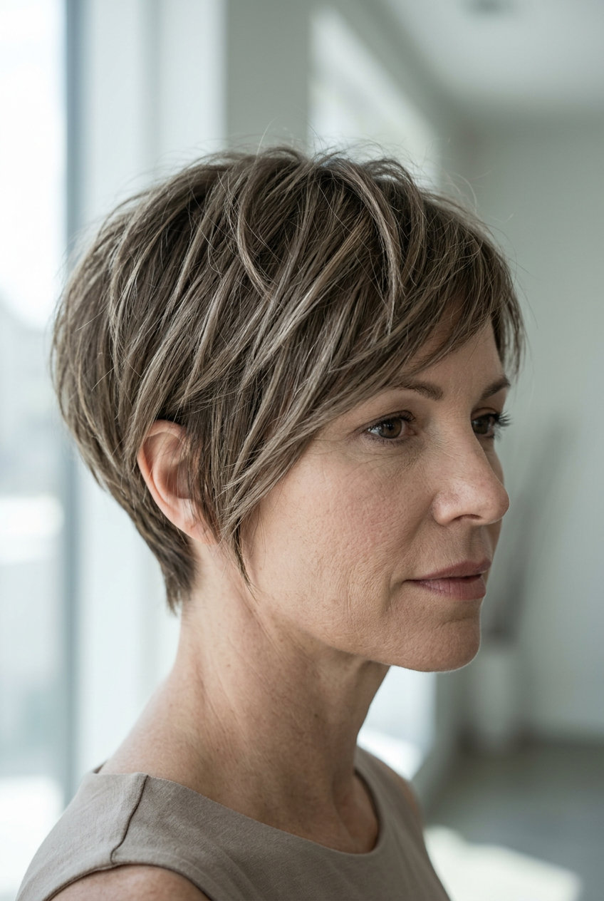 short textured mushroom bronde pixie-bob with tapered nape and razored layers for summer