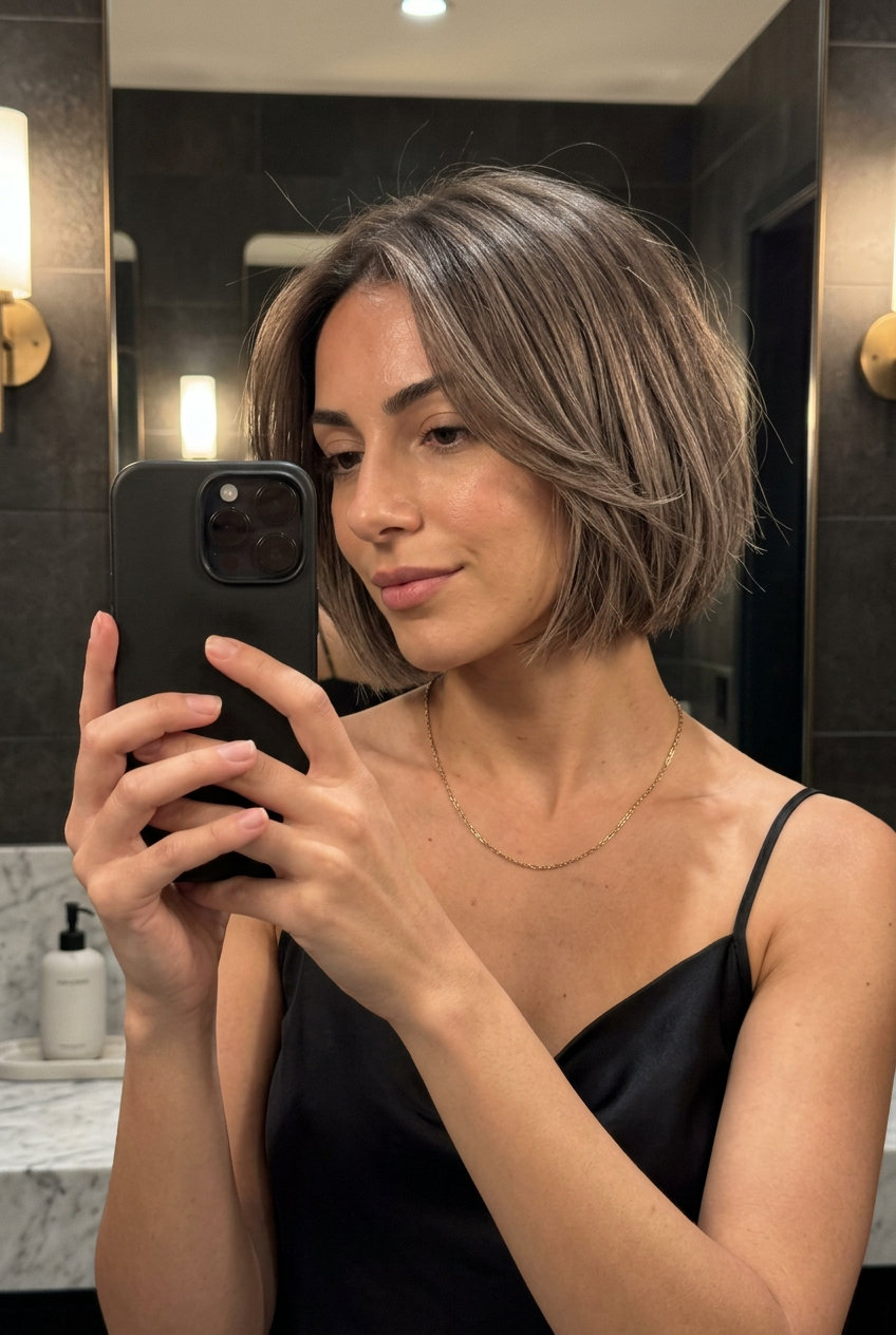 short french bob haircut in mushroom taupe with ash babylights, piecey texture, face-framing pieces — edgy professional look