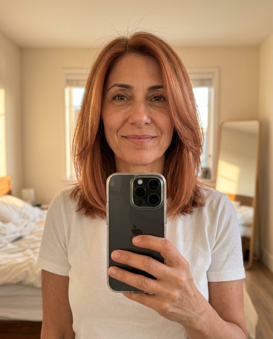 collarbone-length lob with muted copper hair, graduated layers, and face-framing layers for summer