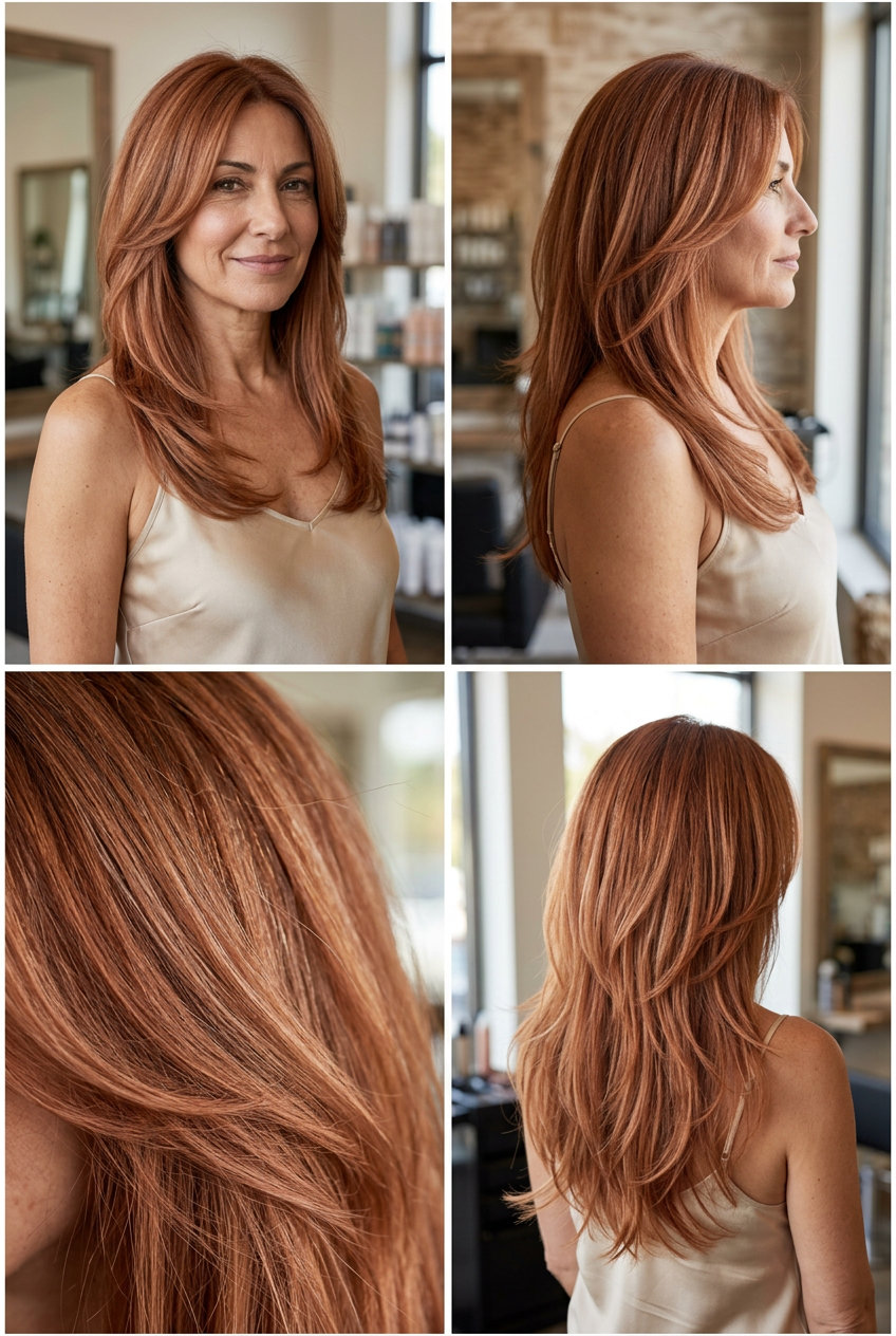long layered haircut with muted copper hair, auburn highlights, and face-framing layers for summer