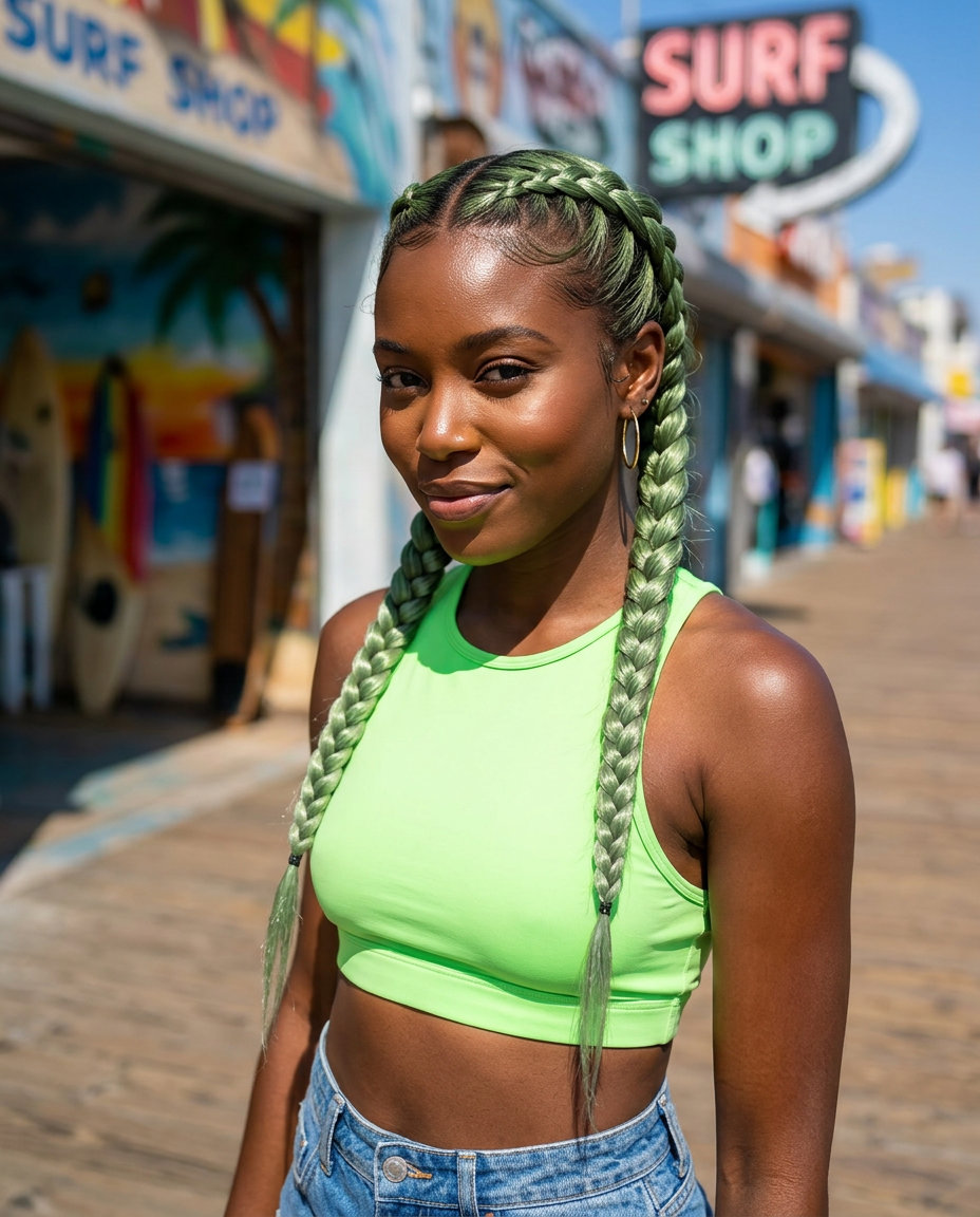 long muted green Dutch pigtail braids with ash brown undertones, edgy athletic finish for festival